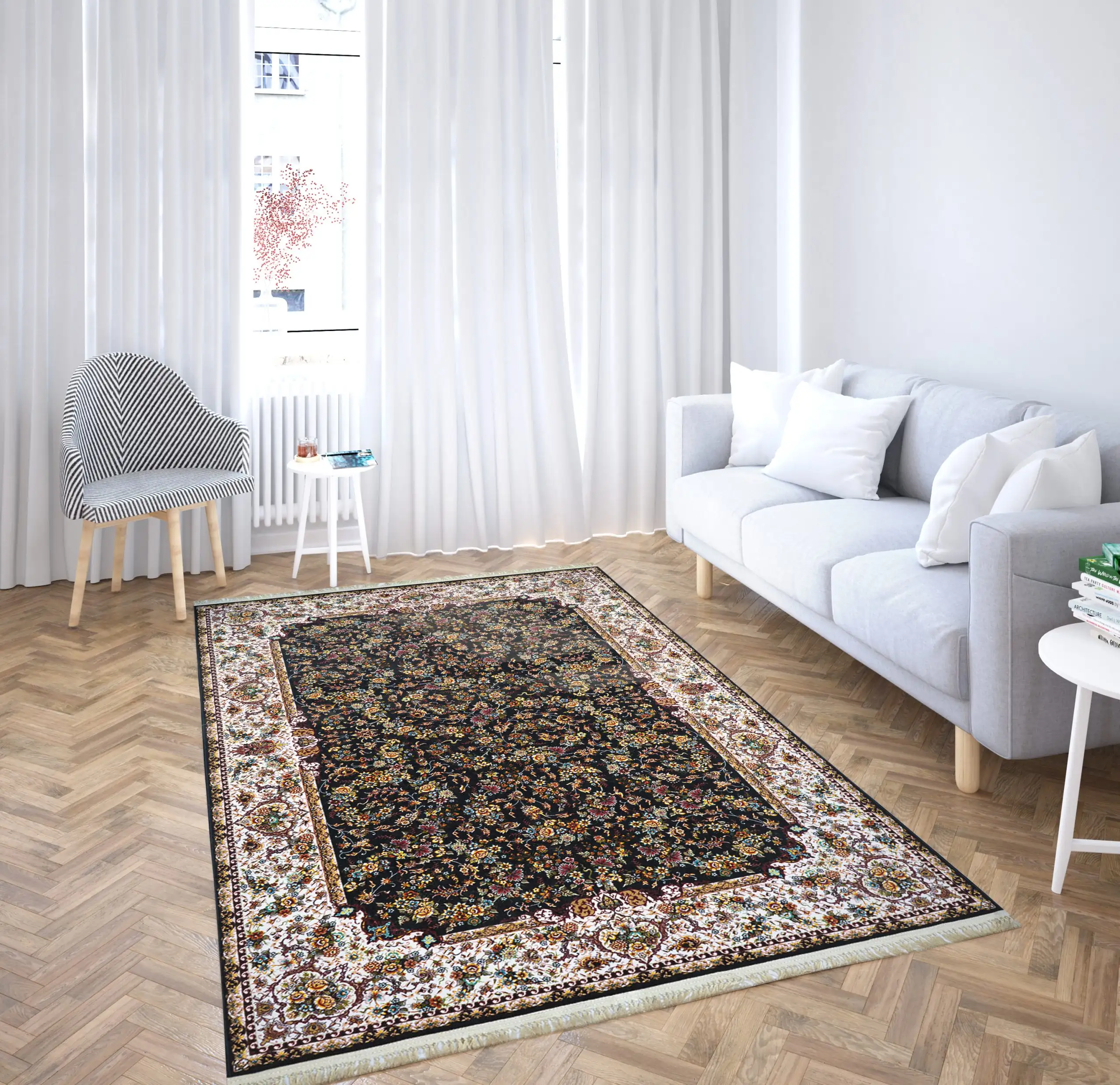 Carpets A beautifully designed carpet in a living room, adding a touch of elegance and comfort to the space
