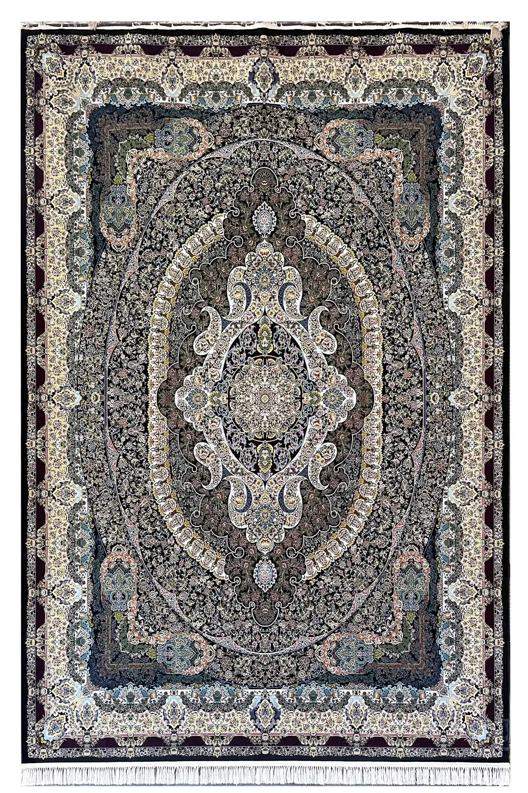 Carpets A beautiful, intricately designed carpet with a central pattern and surrounding borders, showcasing the art of