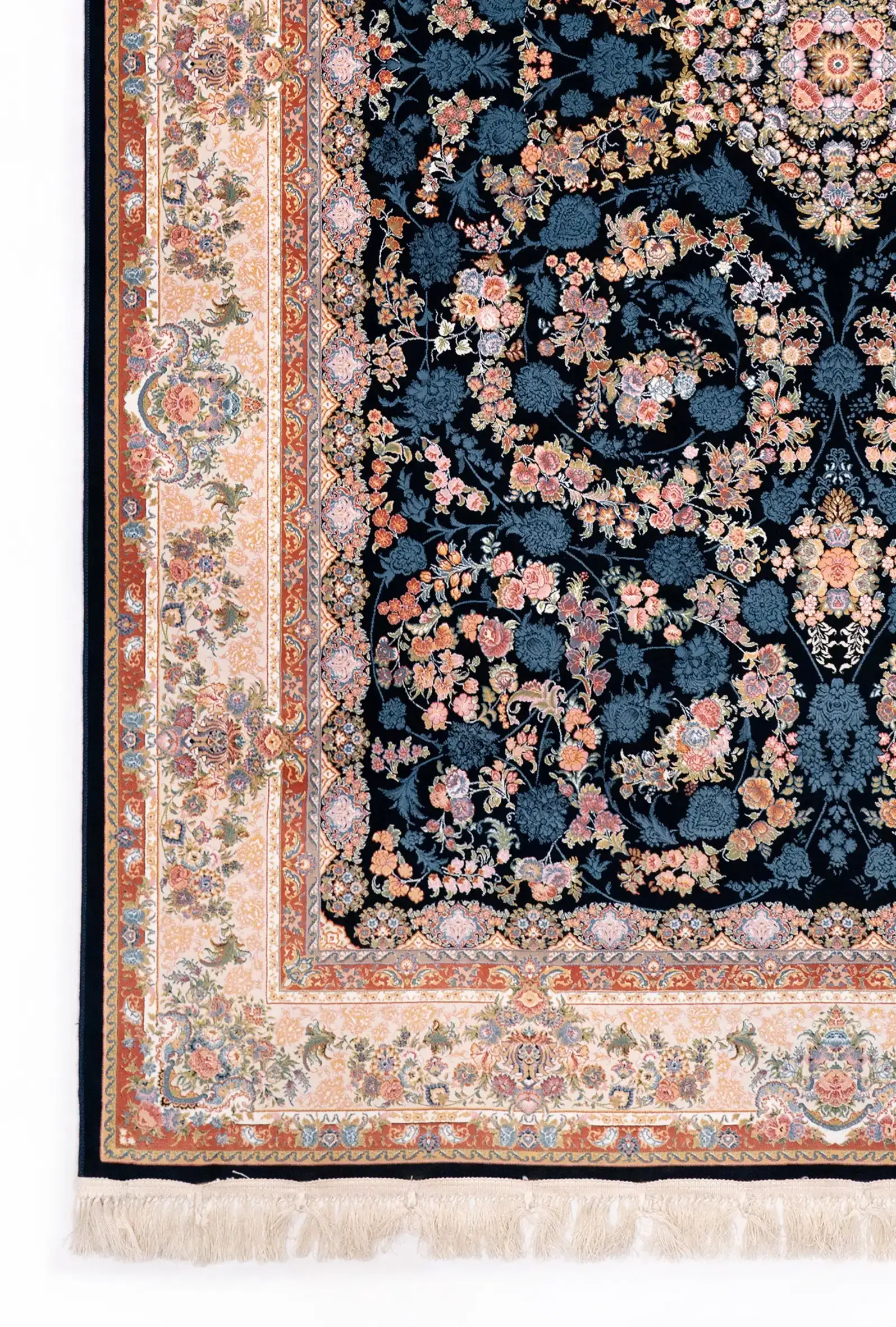 Carpets A beautiful, intricately designed carpet with a rich, dark blue background and a vibrant, floral pattern