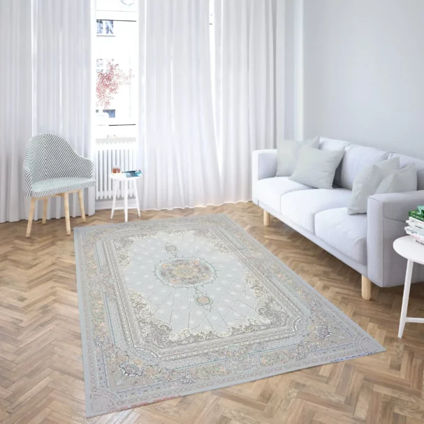 A beautifully designed carpet in a living room, adding a touch of elegance and comfort to the space, with a focus on carpets