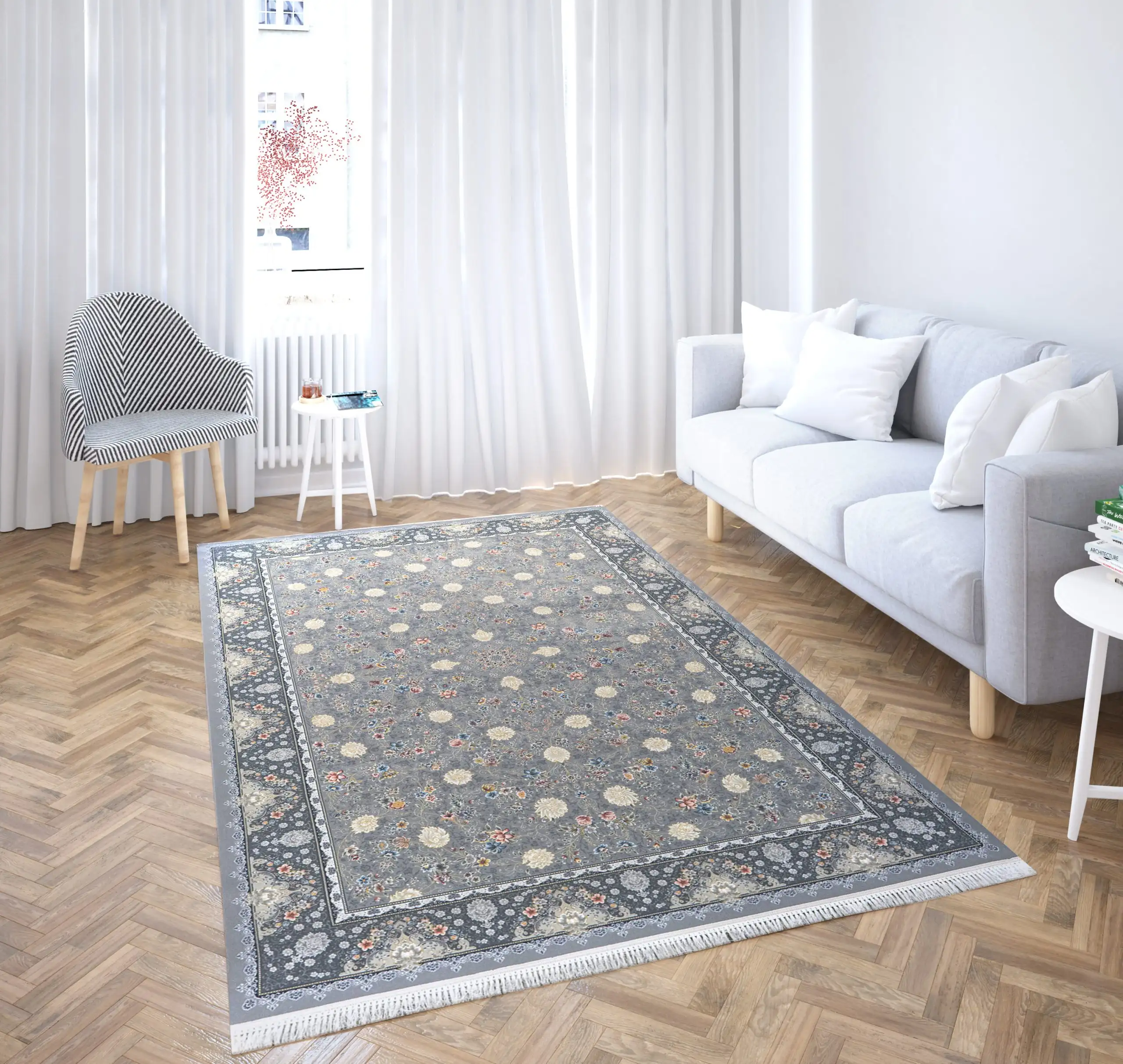 A beautifully designed carpet in a living room, adding warmth and style to the space, with a focus on Carpets
