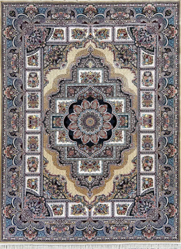 A stunning, intricately designed carpet with a central flower pattern, surrounded by intricate patterns and borders,