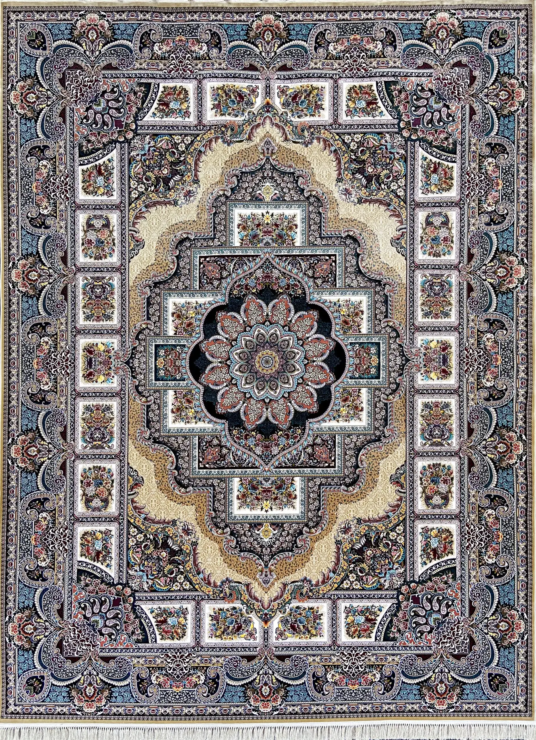 A stunning, intricately designed carpet with a central flower pattern, surrounded by intricate patterns and borders,