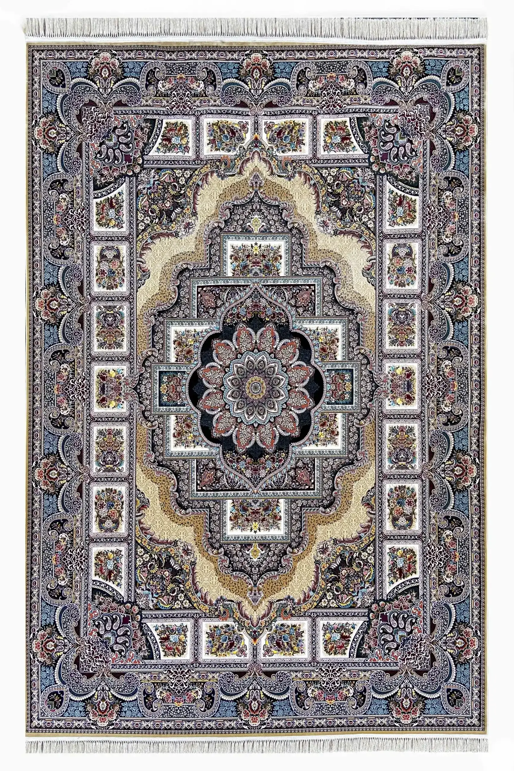 A Qaleen Carpets rug with a traditional Persian design, featuring intricate patterns and a rich, vibrant color palette