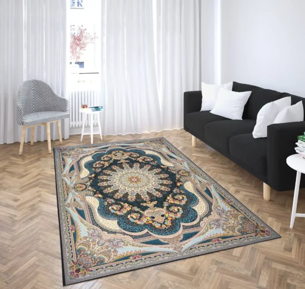 A beautiful, intricately designed carpet in a living room, adding a touch of elegance and sophistication to the space, with