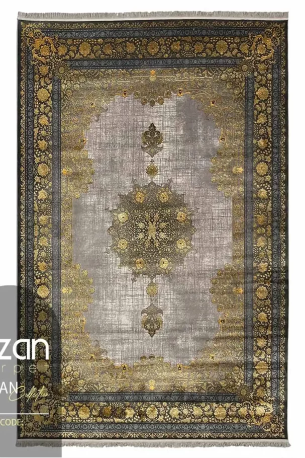 Carpets A luxurious, intricately designed Persian-style carpet with a central medallion and intricate patterns in gold and