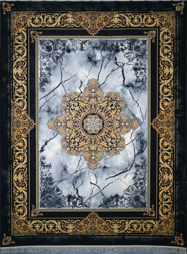 Carpets A stunning carpet with a marble-inspired design, featuring a central gold-embroided pattern on a white and black