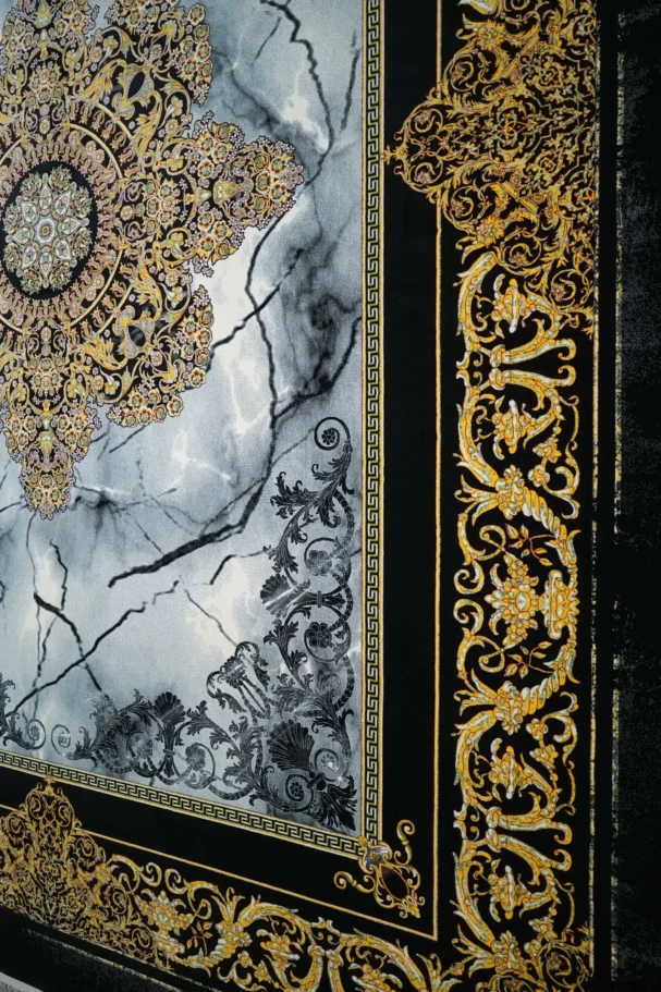 Carpets A luxurious, high-end carpet with a marble-like design and gold accents, featuring intricate patterns and a rich,