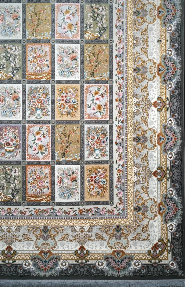 A beautiful, intricately designed carpet with a mix of flowers, trees, and other patterns, showcasing the art of carpets and