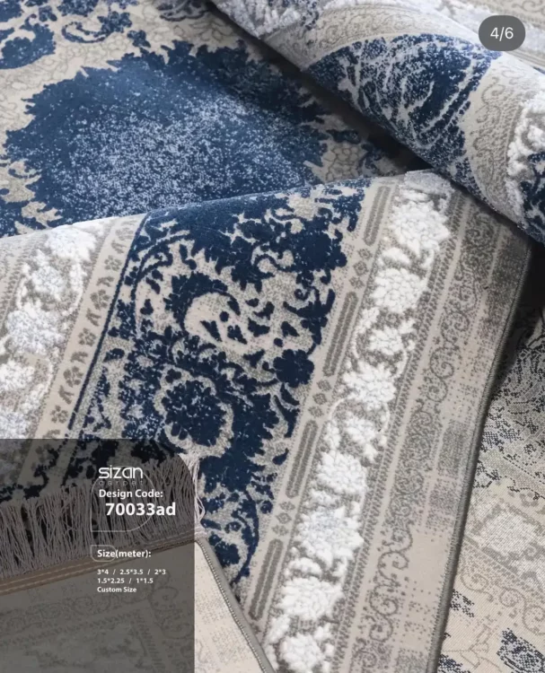 Carpets A close-up of a blue and white carpet with a floral pattern, with a focus on the intricate details of the design