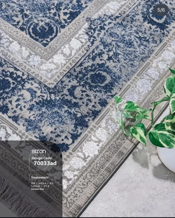 Carpets A beautiful, intricately designed carpet with a mix of blue and white patterns, adding a touch of elegance to any