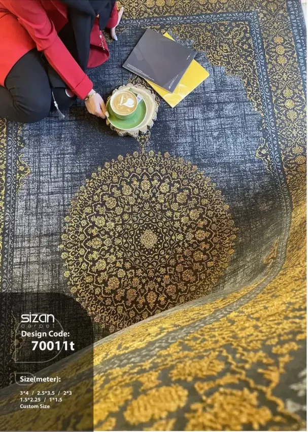Carpets A person sits on a beautiful, intricately designed carpet, surrounded by books and a cup of coffee, with a rug in