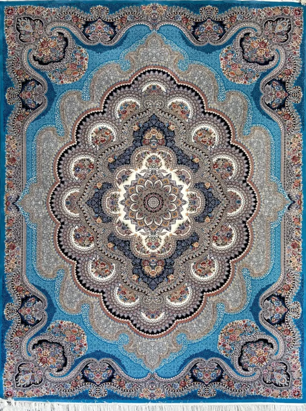 Carpets A beautiful, intricately designed Persian carpet with a blue background and intricate patterns