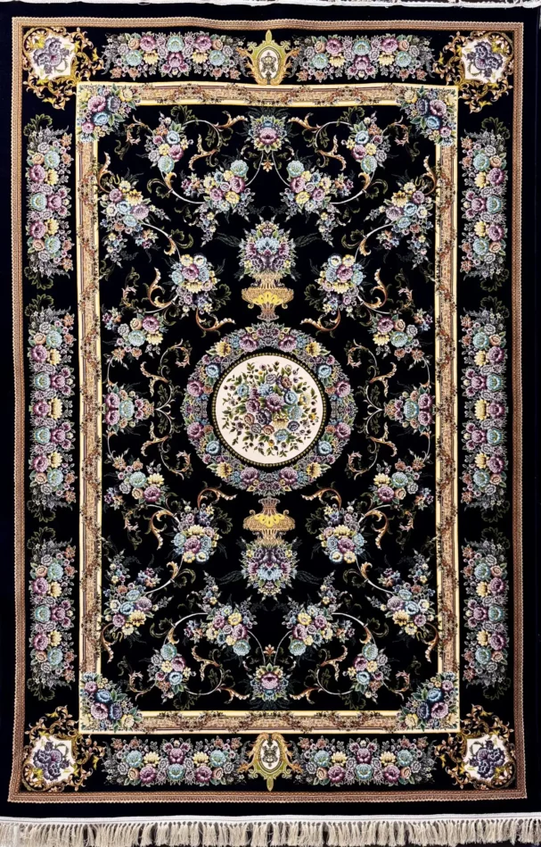Carpets A stunning, intricately designed carpet with a dark background and a central floral pattern, surrounded by a border