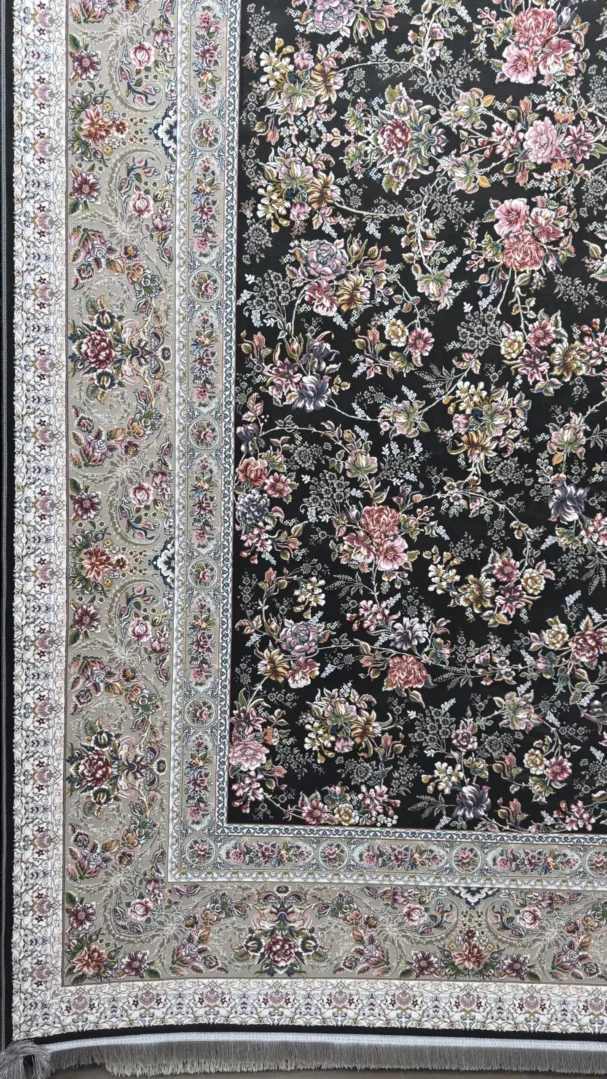 Carpets A beautiful, intricately designed carpet with a black background and a floral pattern in various colors